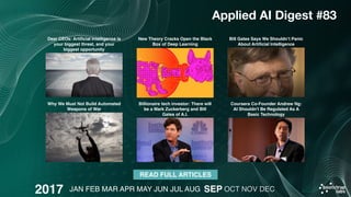 2017
Applied AI Digest #83
New Theory Cracks Open the Black
Box of Deep Learning
READ FULL ARTICLES
Why We Must Not Build ...