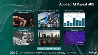 2017
Applied AI Digest #85
AI Is Easy to Fool – Why That
Needs to Change
AI In Healthcare IT Security – Why
Hospitals are ...