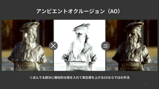 15
アンビエントオクルージョン（AO）
くぼんでる部分に擬似的な陰を入れて実在感を上げるCGならではの手法
× =
 