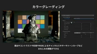 23
カラーグレーディング
露出やコントラストや彩度やRGBによるチャンネルミキサーやトーンカーブなど
おなじみの調整ができる
 
