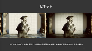 25
ビネット
トイカメラなどに顕著に見られる周囲の光量落ちを再現。お手軽に雰囲気が出て負荷も軽い
 