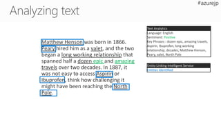 Entities Identified
Positive
Text Analytics
Entity Linking Intelligent Service
 