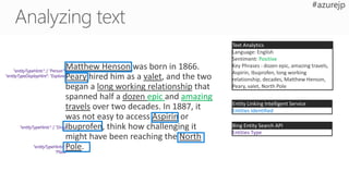 "entityTypeHints": [ "Person" ],
"entityTypeDisplayHint": "Explorer"
"entityTypeHints": [ "Drug"
"entityTypeHints": [
"Place"
Positive
Entities Identified
Text Analytics
Entity Linking Intelligent Service
Entities Type
Bing Entity Search API
 