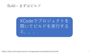 Build – まずはビルド
13https://docs.microsoft.com/en-us/appcenter/quickstarts/ios/build
XCodeでプロジェクトを
開いてビルドを実行する
と．．．
 
