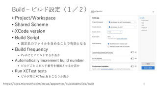 Build – ビルド設定（１／２）
• Project/Workspace
• Shared Scheme
• XCode version
• Build Script
• 固定名のファイルを含めることで有効となる
• Build frequency
• Pushごとにビルドするか否か
• Automatically increment build number
• ビルドごとにビルド番号を増加させるか否か
• Run XCTest tests
• ビルド時にXCTestをおこなうか否か
18https://docs.microsoft.com/en-us/appcenter/quickstarts/ios/build
 