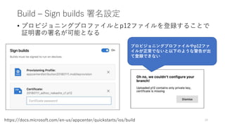 Build – Sign builds 署名設定
• プロビジョニングプロファイルとp12ファイルを登録することで
証明書の署名が可能となる
20https://docs.microsoft.com/en-us/appcenter/quickstarts/ios/build
プロビジョニングプロファイルやp12ファ
イルが正常でないと以下のような警告が出
て登録できない
 