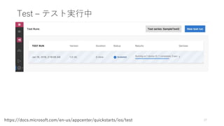Test – テスト実行中
27https://docs.microsoft.com/en-us/appcenter/quickstarts/ios/test
 