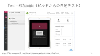 Test – 成功画面（ビルドからの自動テスト）
31https://docs.microsoft.com/en-us/appcenter/quickstarts/ios/test
 