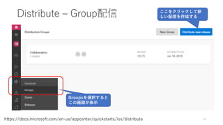 Distribute – Group配信
33https://docs.microsoft.com/en-us/appcenter/quickstarts/ios/distribute
Groupsを選択すると
この画面が表示
ここをクリックして新
しい配信を作成する
 