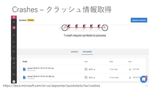 Crashes – クラッシュ情報取得
42https://docs.microsoft.com/en-us/appcenter/quickstarts/ios/crashes
 