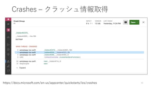 Crashes – クラッシュ情報取得
44https://docs.microsoft.com/en-us/appcenter/quickstarts/ios/crashes
 