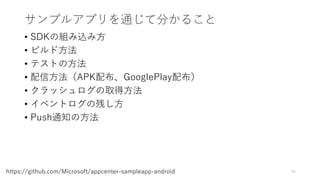 サンプルアプリを通じて分かること
• SDKの組み込み方
• ビルド方法
• テストの方法
• 配信方法（APK配布、GooglePlay配布）
• クラッシュログの取得方法
• イベントログの残し方
• Push通知の方法
55https://github.com/Microsoft/appcenter-sampleapp-android
 