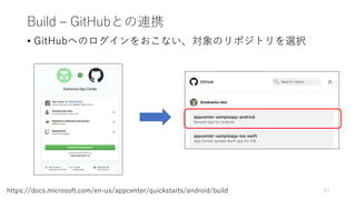 Build – GitHubとの連携
• GitHubへのログインをおこない、対象のリポジトリを選択
63https://docs.microsoft.com/en-us/appcenter/quickstarts/android/build
 