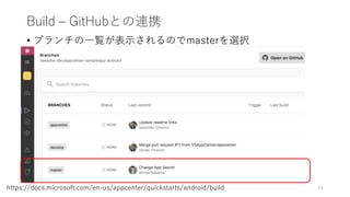 Build – GitHubとの連携
• ブランチの一覧が表示されるのでmasterを選択
64https://docs.microsoft.com/en-us/appcenter/quickstarts/android/build
 