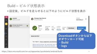 Build – ビルド状態表示
68https://docs.microsoft.com/en-us/appcenter/quickstarts/android/build
• 設定後、ビルドを走らせると以下のようにビルド状態を表示
Downloadボタンから以下
がダウンロード可能
・Build
・logs
 