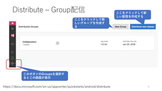 Distribute – Group配信
76https://docs.microsoft.com/en-us/appcenter/quickstarts/android/distribute
このボタンのGroupsを選択す
るとこの画面が表示
ここをクリックして新
しい配信を作成する
ここをクリックして新
しいグループを作成す
る
 