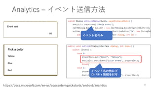 Analytics – イベント送信方法
88
https://docs.microsoft.com/en-us/appcenter/quickstarts/android/analytics
イベント名の他にプ
ロパティ情報を付与
イベント名のみ
 