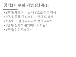 공식3 다수화 기법 5단계(1)
§ 1단계: 제품/서비스 내부요소 목록 작성
§ 2단계: 목록 중 요소하나 선택 후 복제
§ 3단계: 그 결과 나타나는 컨셉 시작화
§ 4단계: 잠재적 편익이나 가치는?
§ 5단계: 실현가능성?
 