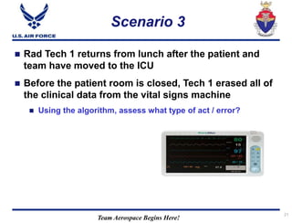 Team Aerospace Begins Here!
 Rad Tech 1 returns from lunch after the patient and
team have moved to the ICU
 Before the patient room is closed, Tech 1 erased all of
the clinical data from the vital signs machine
 Using the algorithm, assess what type of act / error?
Scenario 3
21
 