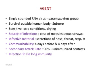 • Single stranded RNA virus - paramyxovirus group
• Survival outside human body- Subzero
• Sensitive- acid conditions, drying
• Source of Infection: a case of measles (carriers known)
• Infective material : secretions of nose, throat, resp. tr
• Communicability: 4 days before & 4 days after
• Secondary Attack Rate : 90% - unimmunized contacts
• Infection life long immunity
10/2/2020
 