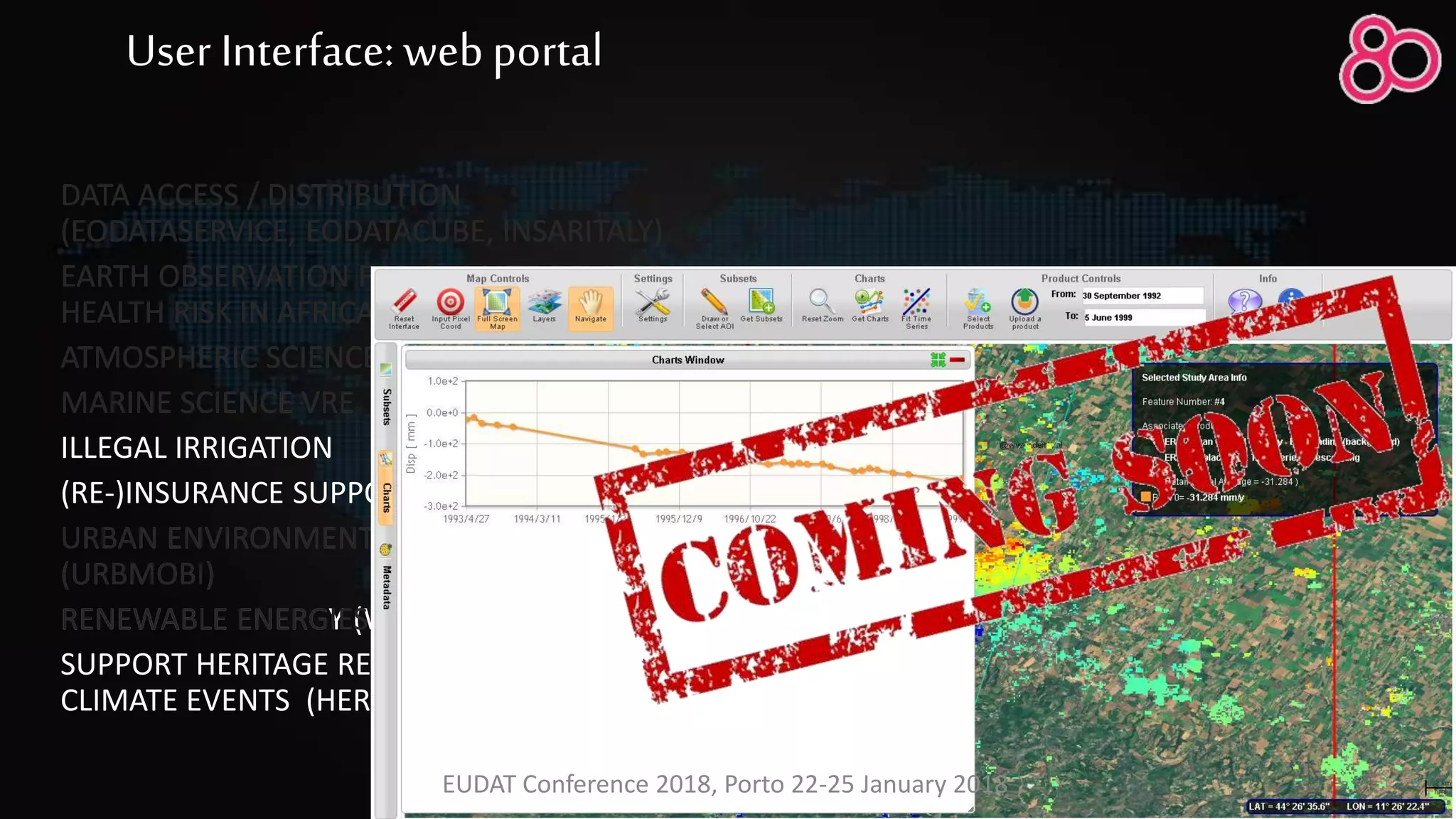 DATA ACCESS / DISTRIBUTION
(EODATASERVICE, EODATACUBE, INSARITALY)
EARTH OBSERVATION FOR CLIMATE-RELATED
HEALTH RISK IN AFRICA (EOCHA)
ATMOSPHERIC SCIENCES VRE
MARINE SCIENCE VRE
ILLEGAL IRRIGATION
(RE-)INSURANCE SUPPORT IN AGRICULTURE
URBAN ENVIRONMENT MONITORING
(URBMOBI)
RENEWABLE ENERGIES (WAT-ENER-CAST)
SUPPORT HERITAGE RESILIENCE AGAINST
CLIMATE EVENTS (HERACLES)
DATA ACCESS / DISTRIBUTION
(EODATASERVICE, EODATACUBE, INSARITALY)
EARTH OBSERVATION FOR CLIMATE-RELATED
HEALTH RISK IN AFRICA (EOCHA)
ATMOSPHERIC SCIENCES VRE
MARINE SCIENCE VRE
ILLEGAL IRRIGATION
(RE-)INSURANCE SUPPORT IN AGRICULTURE
URBAN ENVIRONMENT MONITORING
(URBMOBI)
RENEWABLE ENERGIES (WAT-ENER-CAST)
SUPPORT HERITAGE RESILIENCE AGAINST
CLIMATE EVENTS (HERACLES)
DATA ACCESS / DISTRIBUTION
(EODATASERVICE, EODATACUBE, INSARITALY)
EARTH OBSERVATION FOR CLIMATE-RELATED
HEALTH RISK IN AFRICA (EOCHA)
ATMOSPHERIC SCIENCES VRE
MARINE SCIENCE VRE
ILLEGAL IRRIGATION
(RE-)INSURANCE SUPPORT IN AGRICULTURE
URBAN ENVIRONMENT MONITORING
(URBMOBI)
RENEWABLE ENERGIES (WAT-ENER-CAST)
SUPPORT HERITAGE RESILIENCE AGAINST
CLIMATE EVENTS (HERACLES)
DATA ACCESS / DISTRIBUTION
(EODATASERVICE, EODATACUBE, INSARITALY)
EARTH OBSERVATION FOR CLIMATE-RELATED
HEALTH RISK IN AFRICA (EOCHA)
ATMOSPHERIC SCIENCES VRE
MARINE SCIENCE VRE
ILLEGAL IRRIGATION
(RE-)INSURANCE SUPPORT IN AGRICULTURE
URBAN ENVIRONMENT MONITORING
(URBMOBI)
RENEWABLE ENERGIES (WAT-ENER-CAST)
SUPPORT HERITAGE RESILIENCE AGAINST
CLIMATE EVENTS (HERACLES)
DATA ACCESS / DISTRIBUTION
(EODATASERVICE, EODATACUBE, INSARITALY)
EARTH OBSERVATION FOR CLIMATE-RELATED
HEALTH RISK IN AFRICA (EOCHA)
ATMOSPHERIC SCIENCES VRE
MARINE SCIENCE VRE
ILLEGAL IRRIGATION
(RE-)INSURANCE SUPPORT IN AGRICULTURE
URBAN ENVIRONMENT MONITORING
(URBMOBI)
RENEWABLE ENERGIES (WAT-ENER-CAST)
SUPPORT HERITAGE RESILIENCE AGAINST
CLIMATE EVENTS (HERACLES)
DATA ACCESS / DISTRIBUTION
(EODATASERVICE, EODATACUBE, INSARITALY)
EARTH OBSERVATION FOR CLIMATE-RELATED
HEALTH RISK IN AFRICA (EOCHA)
ATMOSPHERIC SCIENCES VRE
MARINE SCIENCE VRE
ILLEGAL IRRIGATION
(RE-)INSURANCE SUPPORT IN AGRICULTURE
URBAN ENVIRONMENT MONITORING
(URBMOBI)
RENEWABLE ENERGY (WAT-ENER-CAST)
SUPPORT HERITAGE RESILIENCE AGAINST
CLIMATE EVENTS (HERACLES)
DATA ACCESS / DISTRIBUTION
(EODATASERVICE, EODATACUBE, INSARITALY)
EARTH OBSERVATION FOR CLIMATE-RELATED
HEALTH RISK IN AFRICA (EOCHA)
ATMOSPHERIC SCIENCES VRE
MARINE SCIENCE VRE
ILLEGAL IRRIGATION
(RE-)INSURANCE SUPPORT IN AGRICULTURE
URBAN ENVIRONMENT MONITORING
(URBMOBI)
RENEWABLE ENERGIES (WAT-ENER-CAST)
SUPPORT HERITAGE RESILIENCE AGAINST
CLIMATE EVENTS (HERACLES)
Data format: GeoTIFF
Tiling: 150x150 km2 ARD h/v
Projection: Albers Equal
Area Conic
Resolution: 30 meters
Data format: GeoTIFF
Tiling: WRS2 path/row
Projection: UTM
Resolution: 30 meters
Data format: NetCDF
Tiling: 100x100km2
Projection: EPSG3577
Resolution: 25 meters
User Interface: web portal
EUDAT Conference 2018, Porto 22-25 January 2018
 