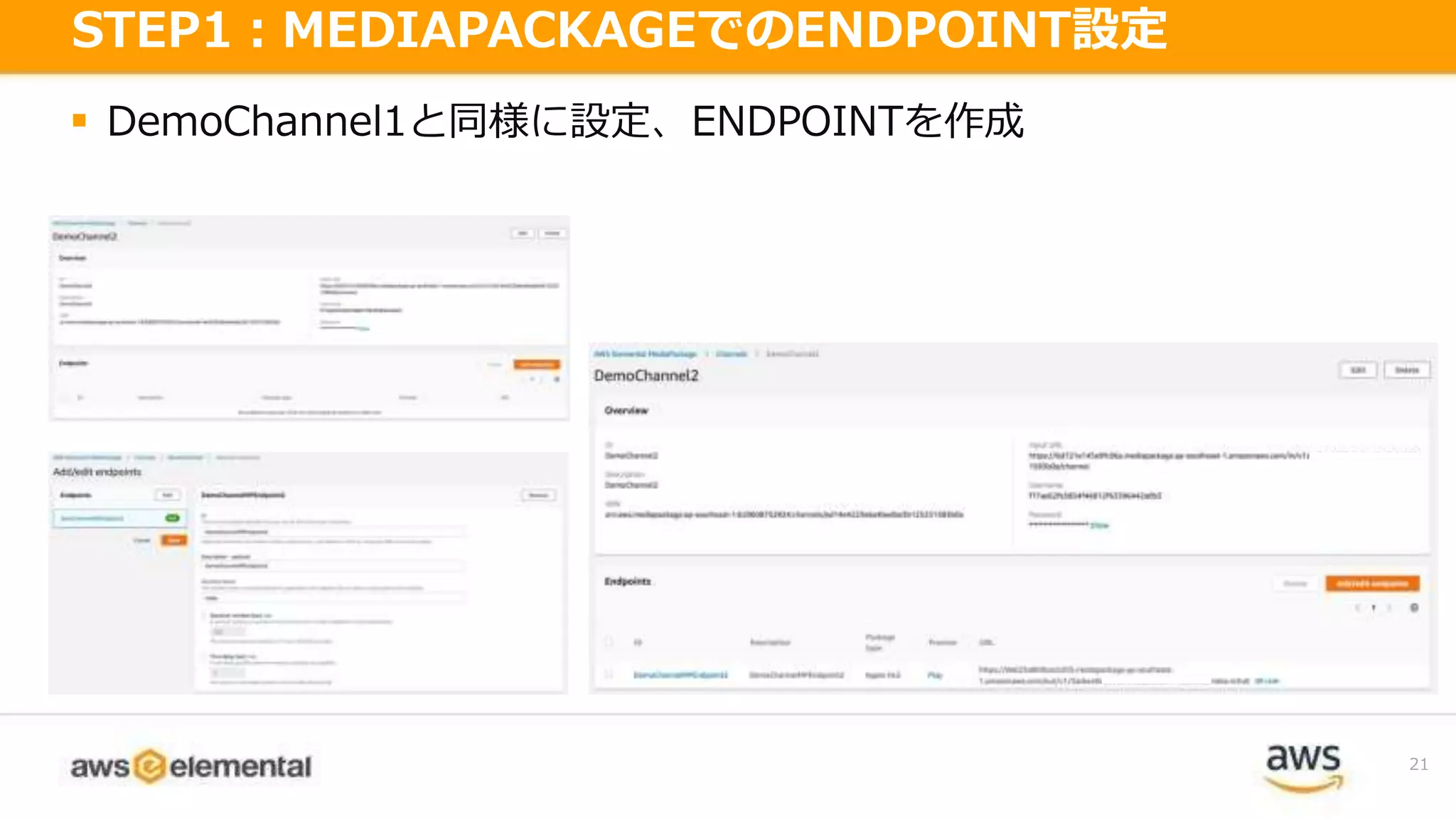  DemoChannel1と同様に設定、ENDPOINTを作成
21
STEP1：MEDIAPACKAGEでのENDPOINT設定
 