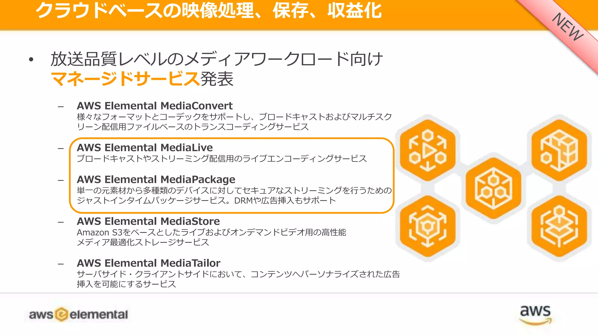 クラウドベースの映像処理、保存、収益化
AWS MEDIA SERVICESを発表• 放送品質レベルのメディアワークロード向け
マネージドサービス発表
– AWS Elemental MediaConvert
様々なフォーマットとコーデックをサポートし、ブロードキャストおよびマルチスク
リーン配信用ファイルベースのトランスコーディングサービス
– AWS Elemental MediaLive
ブロードキャストやストリーミング配信用のライブエンコーディングサービス
– AWS Elemental MediaPackage
単一の元素材から多種類のデバイスに対してセキュアなストリーミングを行うための
ジャストインタイムパッケージサービス。DRMや広告挿入もサポート
– AWS Elemental MediaStore
Amazon S3をベースとしたライブおよびオンデマンドビデオ用の高性能
メディア最適化ストレージサービス
– AWS Elemental MediaTailor
サーバサイド・クライアントサイドにおいて、コンテンツへパーソナライズされた広告
挿入を可能にするサービス
 