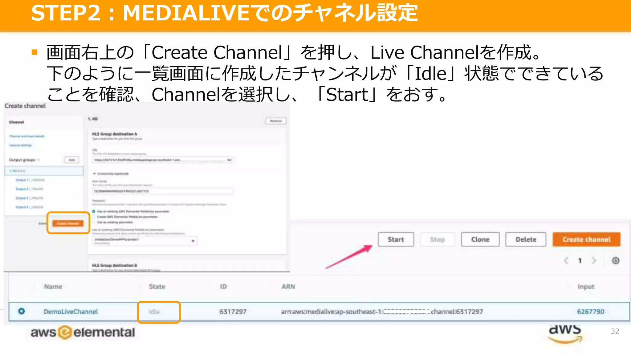  画面右上の「Create Channel」を押し、Live Channelを作成。
下のように一覧画面に作成したチャンネルが「Idle」状態でできている
ことを確認、Channelを選択し、「Start」をおす。
32
STEP2：MEDIALIVEでのチャネル設定
 