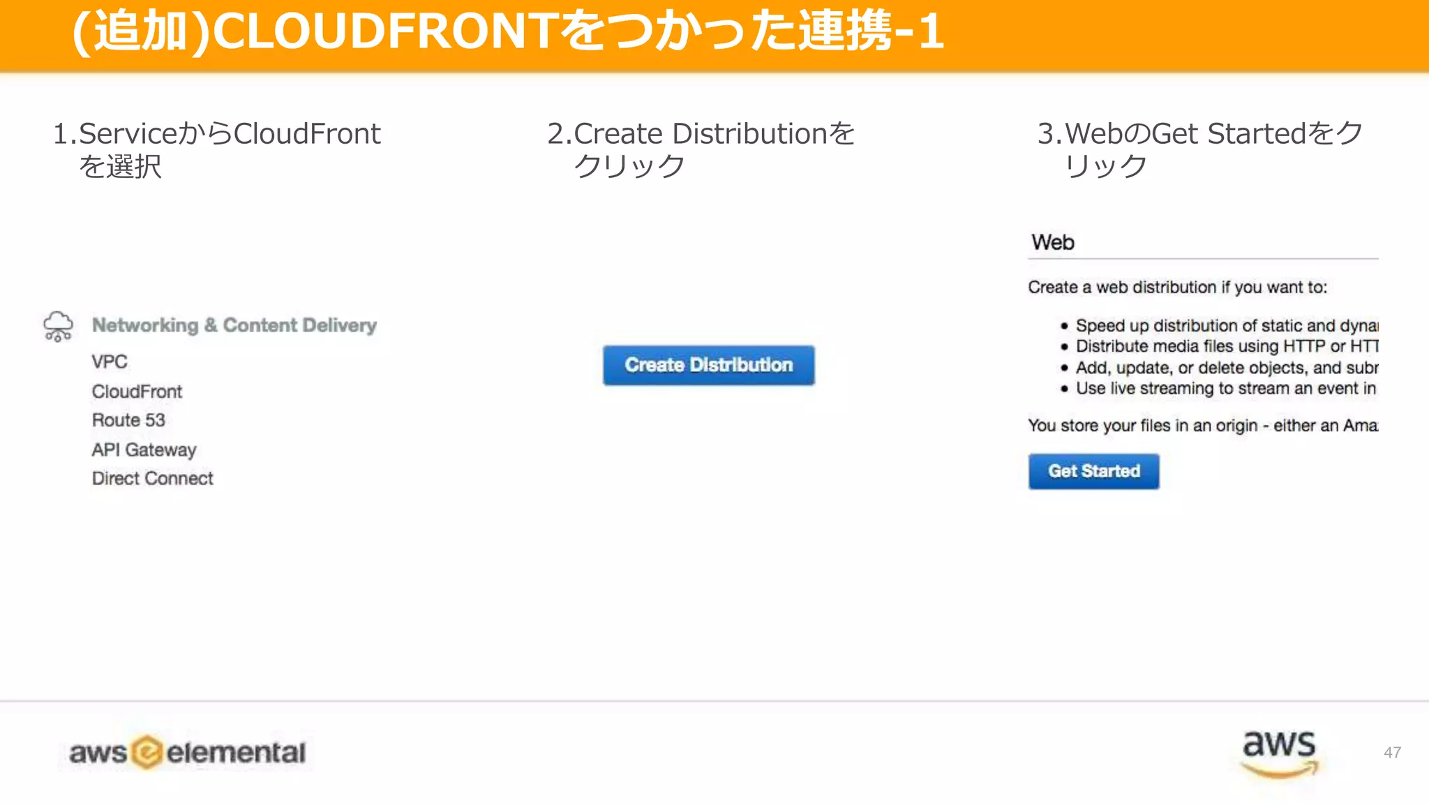 47
(追加)CLOUDFRONTをつかった連携-1
1.ServiceからCloudFront
を選択
2.Create Distributionを
クリック
3.WebのGet Startedをク
リック
 