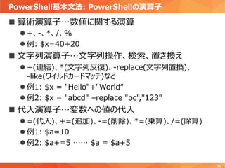 PowerShell基本文法: PowerShellの演算子
23
 算術演算子…数値に関する演算
 +、-、*、/、%
 例: $x=40+20
 文字列演算子…文字列操作、検索、置き換え
 +(連結)、*(文字列反復)、-replace(文字列置換)、
-like(ワイルドカードマッチ)など
 例1: $x = "Hello"+"World“
 例2: $x = "abcd" –replace "bc","123"
 代入演算子…変数への値の代入
 =(代入)、+=(追加)、-=(削除)、*=(乗算)、/=(除算)
 例1: $a=10
 例2: $a+=5 …… $a = $a+5
 