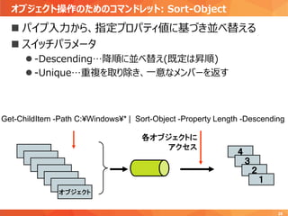 オブジェクト操作のためのコマンドレット: Sort-Object
28
 パイプ入力から、指定プロパティ値に基づき並べ替える
 スイッチパラメータ
 -Descending…降順に並べ替え(既定は昇順)
 -Unique…重複を取り除き、一意なメンバーを返す
Get-ChildItem -Path C:¥Windows¥* | Sort-Object -Property Length -Descending
オブジェクト
各オブジェクトに
アクセス
４
３
２
１
 