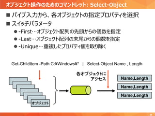 オブジェクト操作のためのコマンドレット: Select-Object
29
 パイプ入力から、各オブジェクトの指定プロパティを選択
 スイッチパラメータ
 -First…オブジェクト配列の先頭からの個数を指定
 -Last…オブジェクト配列の末尾からの個数を指定
 -Unique…重複したプロパティ値を取り除く
Get-ChildItem -Path C:¥Windows¥* | Select-Object Name , Length
オブジェクト
Name,Length
各オブジェクトに
アクセス
Name,Length
Name,Length
 