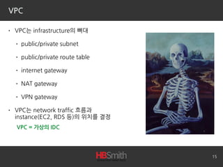 VPC
• VPC는 infrastructure의 뼈대
• public/private subnet
• public/private route table
• internet gateway
• NAT gateway
• VPN gateway
• VPC는 network traffic 흐름과 
instance(EC2, RDS 등)의 위치를 결정
15
VPC = 가상의 IDC
 