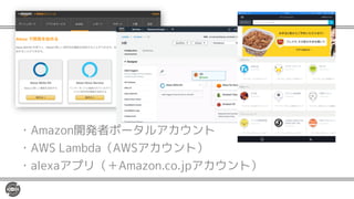 ・Amazon開発者ポータルアカウント
・AWS Lambda（AWSアカウント）
・alexaアプリ（＋Amazon.co.jpアカウント）
 