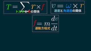速度と角速度の関係
!v = ⇥ r
運動方程式
= m
d
dt
v
f
fT r=
X
⇥
トルクと力の関係
 