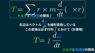 トルクと角速度の関係
!
=
d
dt
T IT
右辺はベクトル を線形変換している
この変換は必ず行列 　とおけて
!
（計算略）
d
dt
I
T =
X
r ⇥ m
d
dt
( ⇥r)
トルクと角速度の関係！
 