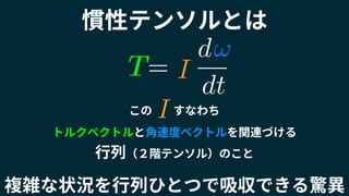 Iこの すなわち
トルクベクトルと角速度ベクトルを関連づける
行列（２階テンソル）のこと
慣性テンソルとは
複雑な状況を行列ひとつで吸収できる驚異
!
=
d
dt
T IT
 