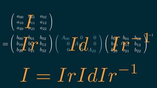 0
@
A00 0 0
0 A11 0
0 0 A22
1
A
0
@
b00 b01 b02
b10 b11 b12
b20 b21 b22
1
A
0
@
a00 a01 a02
a10 a11 a12
a20 a21 a22
1
A
0
@
b00 b01 b02
b10 b11 b12
b20 b21 b22
1
A
1
=
IdIr
I
Ir 1
I = IrIdIr 1
 