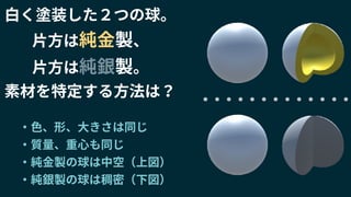 白く塗装した２つの球。
片方は純金製、
片方は純銀製。
素材を特定する方法は？
・色、形、大きさは同じ
・質量、重心も同じ
・純金製の球は中空（上図）
・純銀製の球は稠密（下図）
 