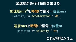 速度m/sを時間tで積分→位置m
加速度m/s を時間tで積分→速度m/s
2
velocity += acceleration * dt;
position += velocity * dt;
これが物理シミュ
加速度があれば位置を出せる
 