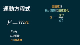 加速度は
微小期間の速度変化
m
F
m
:力
:質量
:加速度
F=
a
a
a dv
dt
=
運動方程式
 