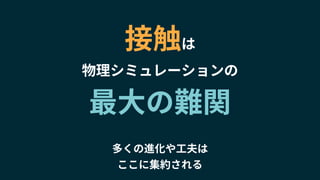 接触は
物理シミュレーションの
最大の難関
多くの進化や工夫は
ここに集約される
 