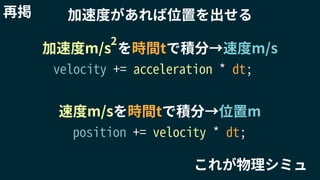 速度m/sを時間tで積分→位置m
加速度m/s を時間tで積分→速度m/s
2
velocity += acceleration * dt;
position += velocity * dt;
これが物理シミュ
再掲 加速度があれば位置を出せる
 
