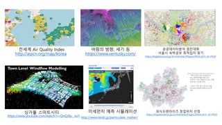 http://aqicn.org/map/korea https://www.ventusky.com/
공공데이타분석 경진대회
서울시 숙박공유 최적입지 찾기
https://bigdata.seoul.go.kr/noti/selectPageListNoti.do?r_id=P420
https://www.youtube.com/watch?v=QnQJ8a__xoY
싱가폴 스마트시티
전세계 Air Quality Index 바람의 방향, 세기 등
http://www.tenki.jp/particulate_matter/
미세먼지 예측 시뮬레이션 외식프랜차이즈 창업위치 선정
https://bigdata.seoul.go.kr/noti/selectPageListNoti.do?r_id=P420
 