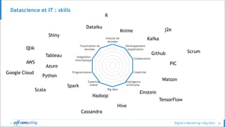 © 28
Datascience et IT : skills
Qlik
Shiny
Tableau
Einstein
Watson
TensorFlow
Hive
Hadoop
Cassandra
Spark
Python
Scala
Knime
R
Dataiku
Kafka
Github Scrum
PIC
j2e
Azure
AWS
Google Cloud
 
