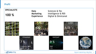 © 4
Profil
SPECIALISTE
100 %
GLOBAL
21 %
CA International
30 pays servis
DYNAMIQUE
7 %
Croissance 2017
40 M€ CA
HUMAIN
400
Consultants
25 nationalités
INCONTOURNABLE
80 %
CAC40 clients
200 clients actifs
INNOVANT
9 %
R&D
/CA
EXPERT
1/3
Retail –Finance-
Services
Data Sciences & Tec
Marketing Intelligence & ROI
Expérience Digital & Omnicanal
 