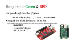BeagleBone Green & RED
• https://beagleboard.org/green
• HDMI が無い代わりに， Grove コネクタがある
• BeagleBone Black Industrial 4G is Red
• https://www.element14.com/community/docs/DOC-78671/l/element14-beaglebone-black-industrial-4g#contents
• 温度拡張品
• Temperature Range
-20°C to 85°C
 