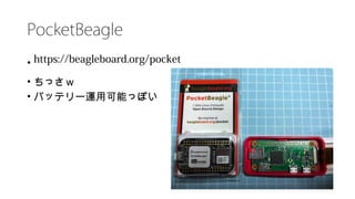 PocketBeagle
• https://beagleboard.org/pocket
• ちっさｗ
• バッテリー運用可能っぽい
 