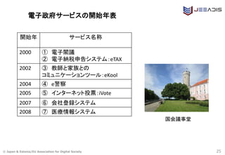 © Japan & Estonia/EU Association for Digital Society 25
電子政府サービスの開始年表
開始年 サービス名称
2000 ① 電子閣議
② 電子納税申告システム：eTAX
2002 ③ 教師と家族との
コミュニケーションツール：eKool
2004 ④ e警察
2005 ⑤ インターネット投票：iVote
2007 ⑥ 会社登録システム
2008 ⑦ 医療情報システム
国会議事堂
 