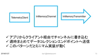  アプリからクライアント経由でチャンネルに書き込む
 適時まとめてデータコレクションエンドポイントへ送信
 このパターンだとミニマム実装が動く
kyrt @takekazuomi 132018/01/27
TelemetryClient InMemoryChannel InMemoryTransmitter
 